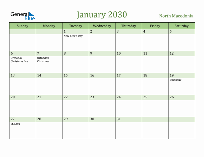 January 2030 Calendar with North Macedonia Holidays