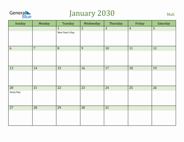 January 2030 Calendar with Mali Holidays