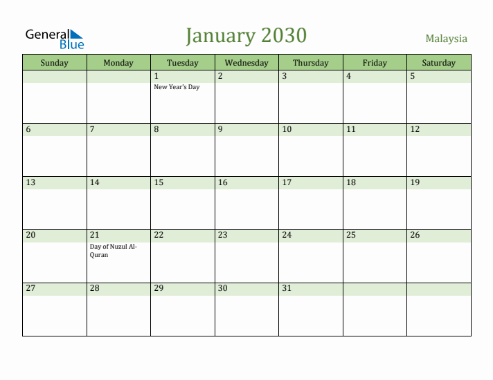 January 2030 Calendar with Malaysia Holidays