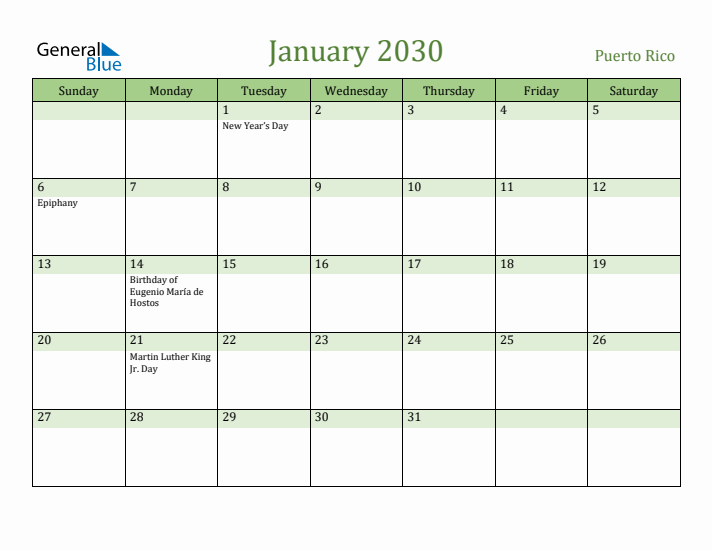 January 2030 Calendar with Puerto Rico Holidays
