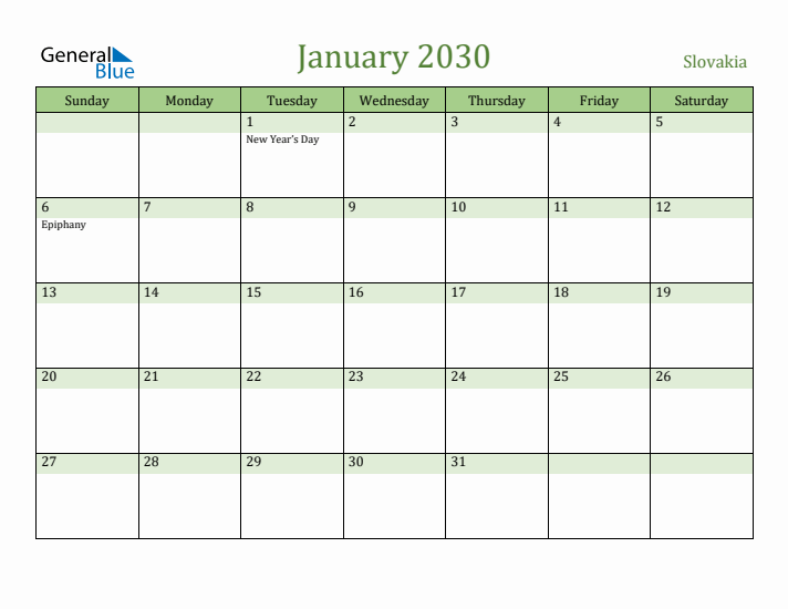 January 2030 Calendar with Slovakia Holidays