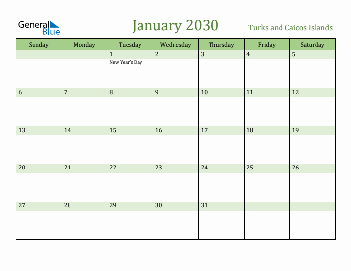 January 2030 Calendar with Turks and Caicos Islands Holidays