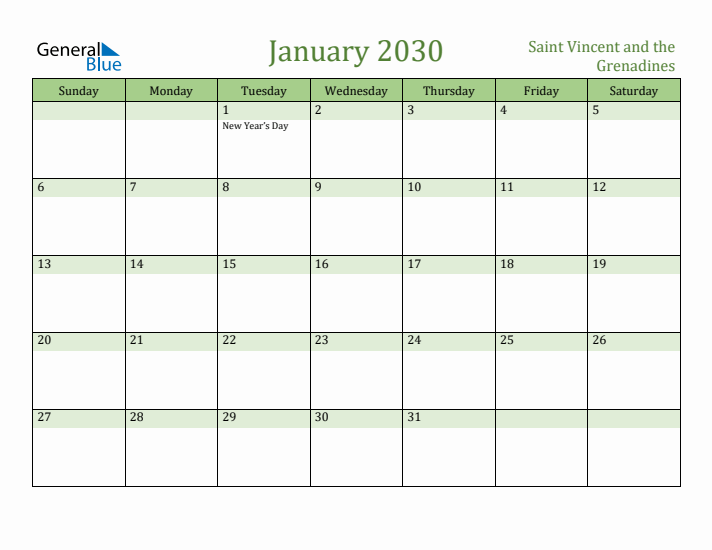 January 2030 Calendar with Saint Vincent and the Grenadines Holidays