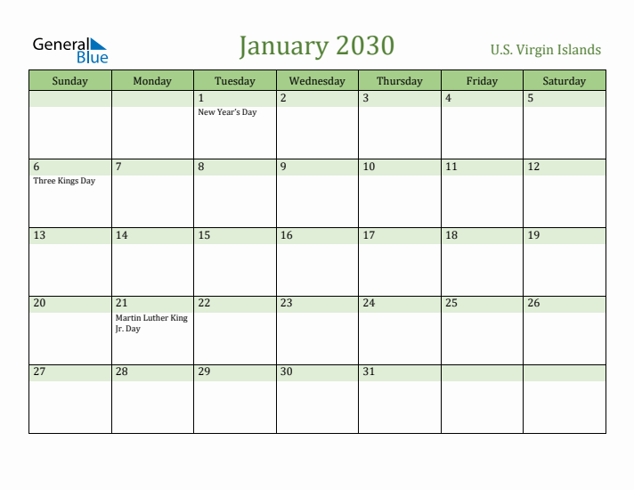January 2030 Calendar with U.S. Virgin Islands Holidays