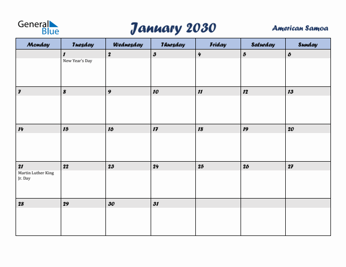 January 2030 Calendar with Holidays in American Samoa