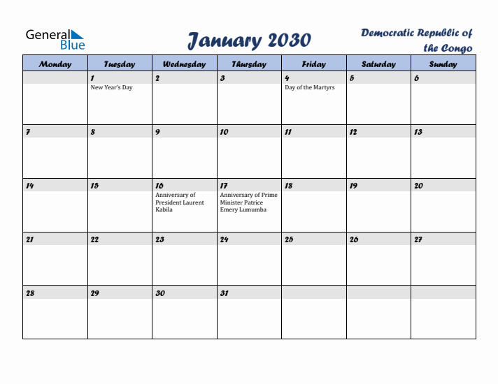 January 2030 Calendar with Holidays in Democratic Republic of the Congo
