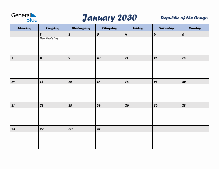 January 2030 Calendar with Holidays in Republic of the Congo