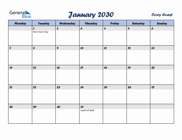 January 2030 Calendar with Holidays in Ivory Coast