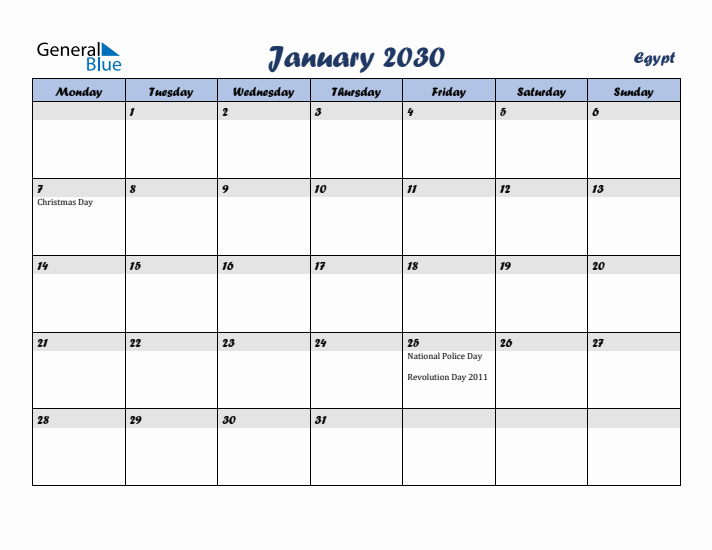 January 2030 Calendar with Holidays in Egypt