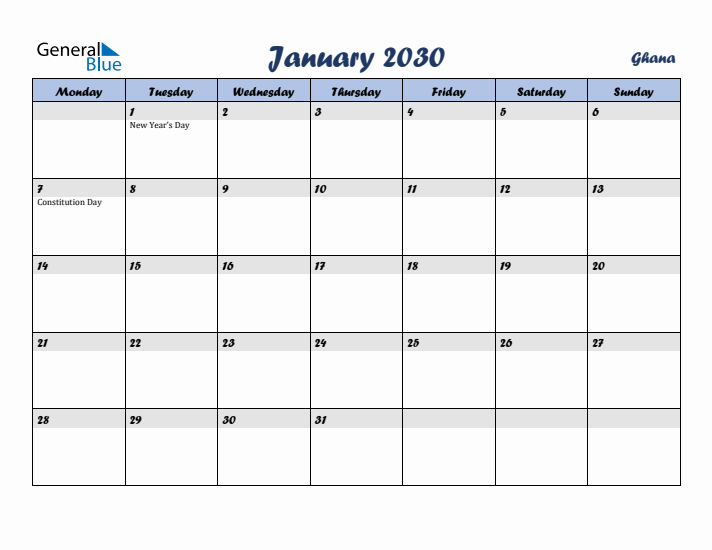 January 2030 Calendar with Holidays in Ghana