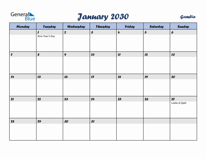 January 2030 Calendar with Holidays in Gambia