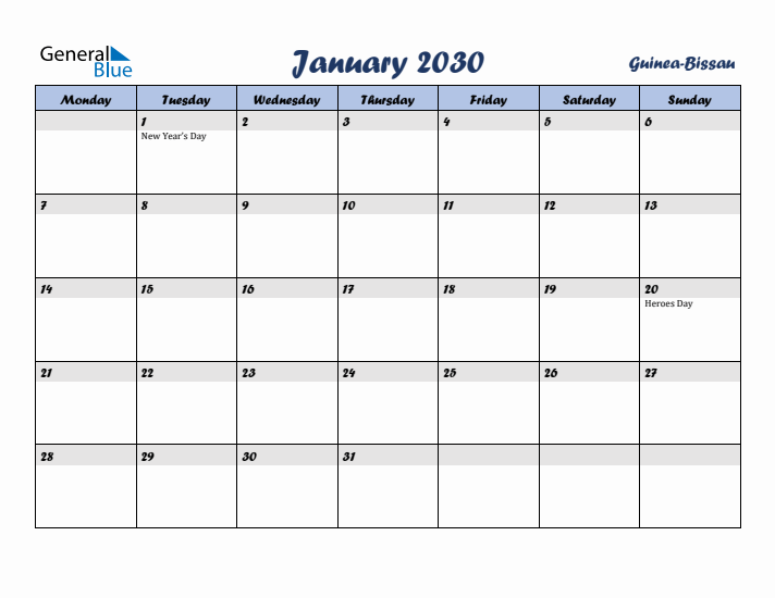 January 2030 Calendar with Holidays in Guinea-Bissau