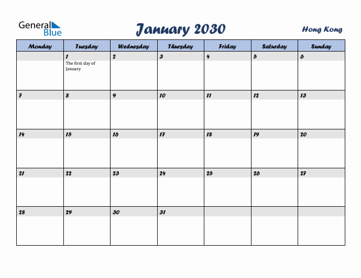 January 2030 Calendar with Holidays in Hong Kong
