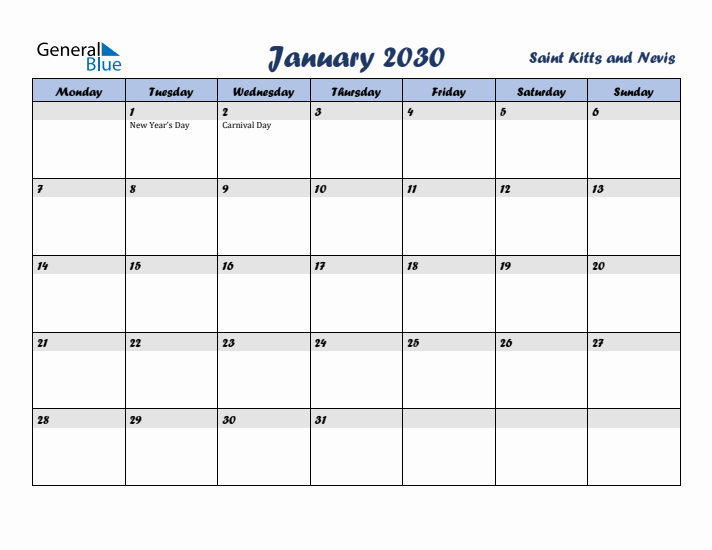 January 2030 Calendar with Holidays in Saint Kitts and Nevis