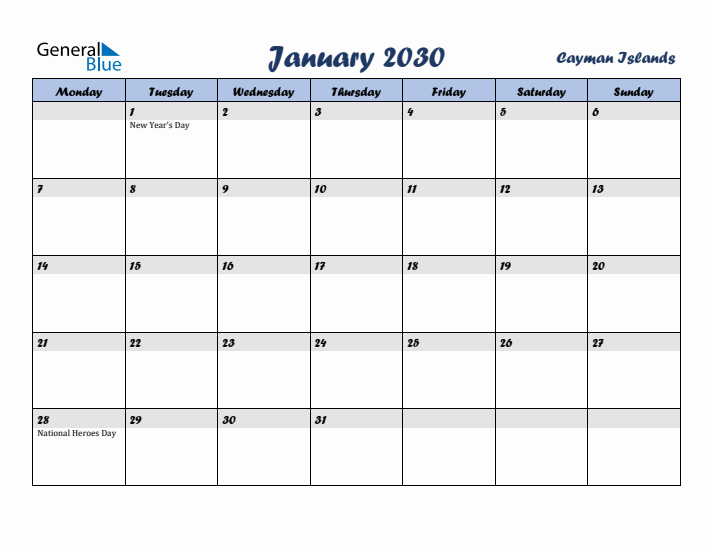 January 2030 Calendar with Holidays in Cayman Islands