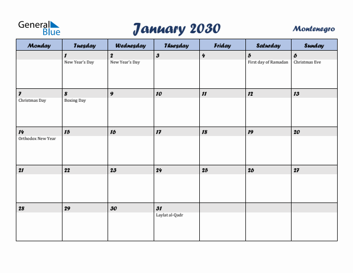 January 2030 Calendar with Holidays in Montenegro