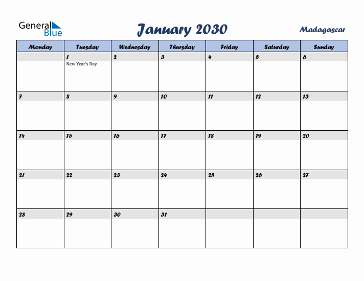 January 2030 Calendar with Holidays in Madagascar