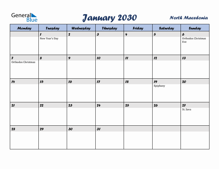 January 2030 Calendar with Holidays in North Macedonia