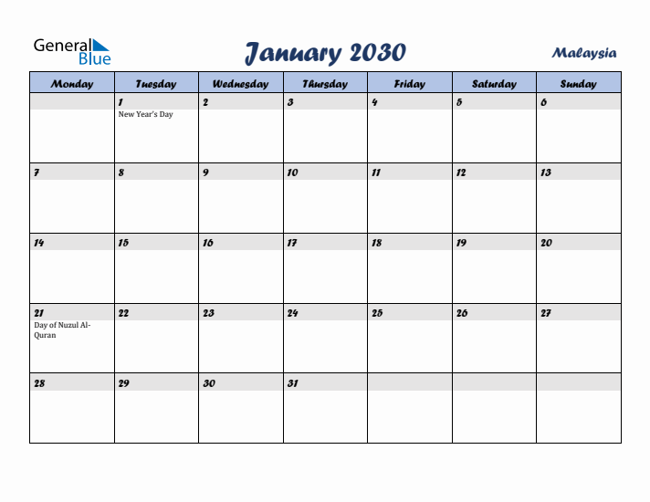 January 2030 Calendar with Holidays in Malaysia