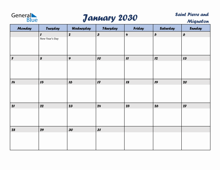 January 2030 Calendar with Holidays in Saint Pierre and Miquelon