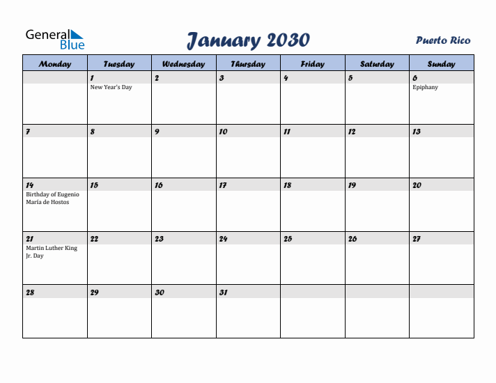 January 2030 Calendar with Holidays in Puerto Rico