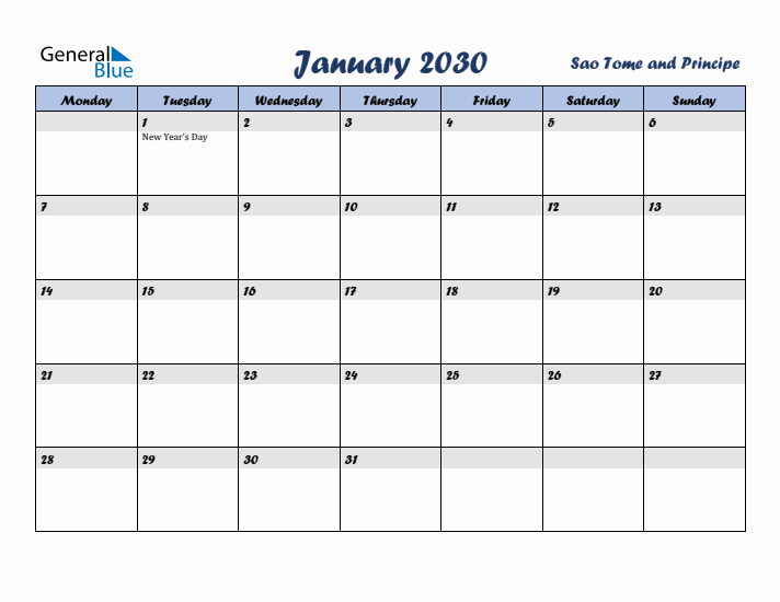 January 2030 Calendar with Holidays in Sao Tome and Principe
