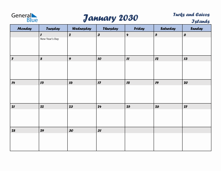 January 2030 Calendar with Holidays in Turks and Caicos Islands