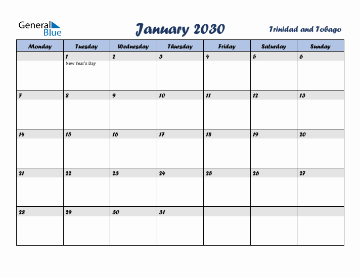January 2030 Calendar with Holidays in Trinidad and Tobago