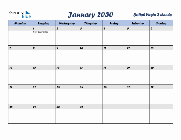 January 2030 Calendar with Holidays in British Virgin Islands
