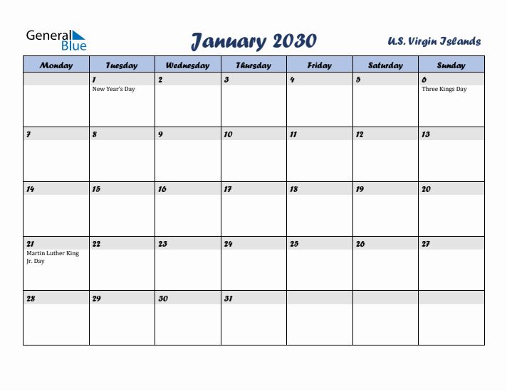 January 2030 Calendar with Holidays in U.S. Virgin Islands