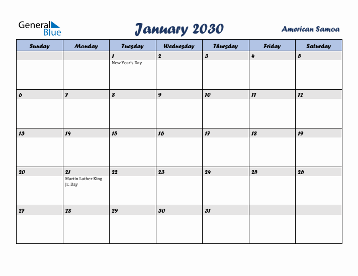 January 2030 Calendar with Holidays in American Samoa