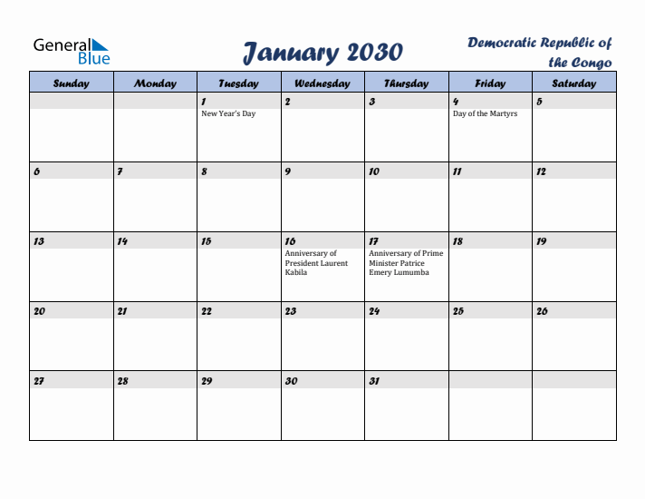 January 2030 Calendar with Holidays in Democratic Republic of the Congo