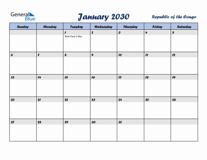 January 2030 Calendar with Holidays in Republic of the Congo