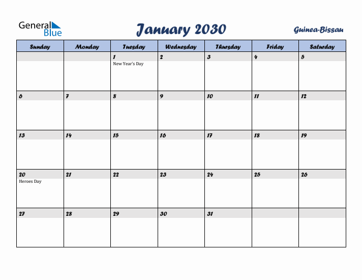 January 2030 Calendar with Holidays in Guinea-Bissau
