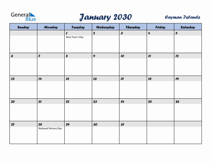 January 2030 Calendar with Holidays in Cayman Islands