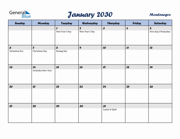 January 2030 Calendar with Holidays in Montenegro
