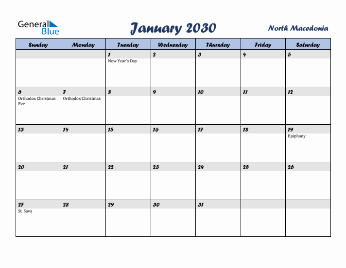 January 2030 Calendar with Holidays in North Macedonia