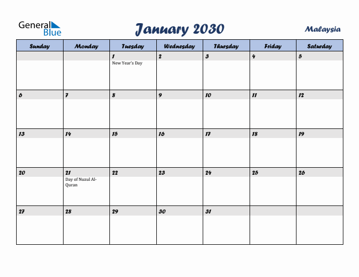 January 2030 Calendar with Holidays in Malaysia