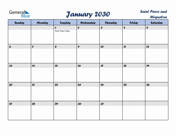 January 2030 Calendar with Holidays in Saint Pierre and Miquelon