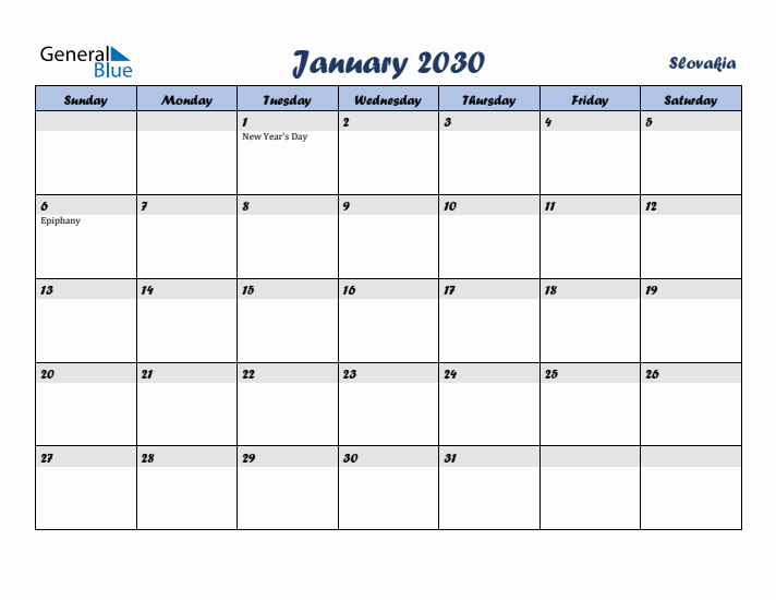 January 2030 Calendar with Holidays in Slovakia