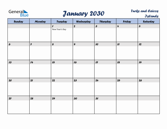 January 2030 Calendar with Holidays in Turks and Caicos Islands