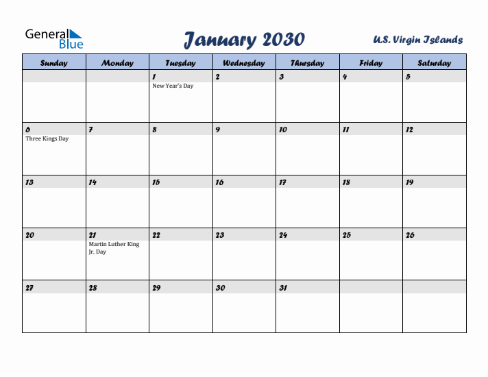 January 2030 Calendar with Holidays in U.S. Virgin Islands