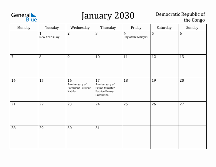 January 2030 Calendar Democratic Republic of the Congo