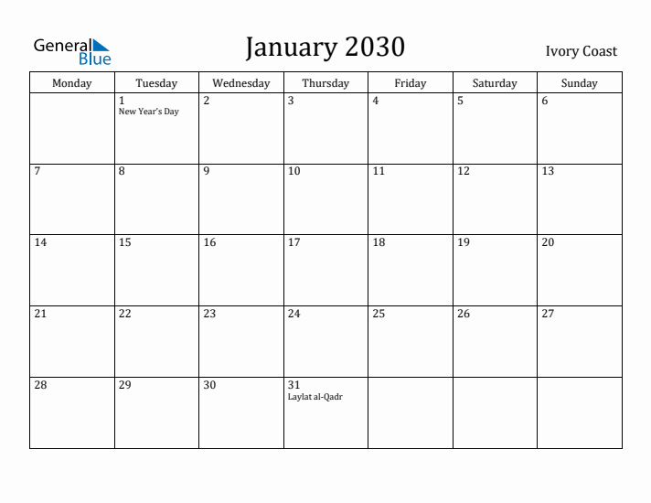January 2030 Calendar Ivory Coast