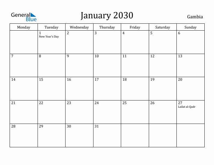 January 2030 Calendar Gambia