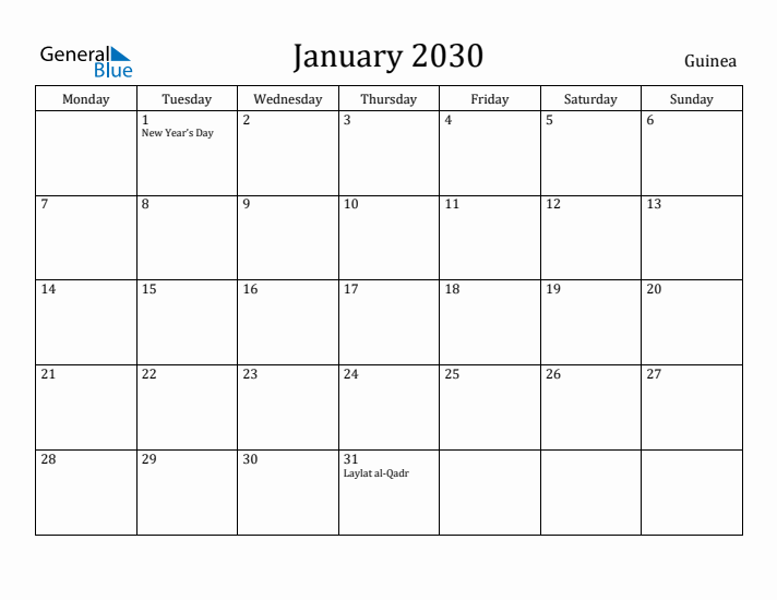 January 2030 Calendar Guinea