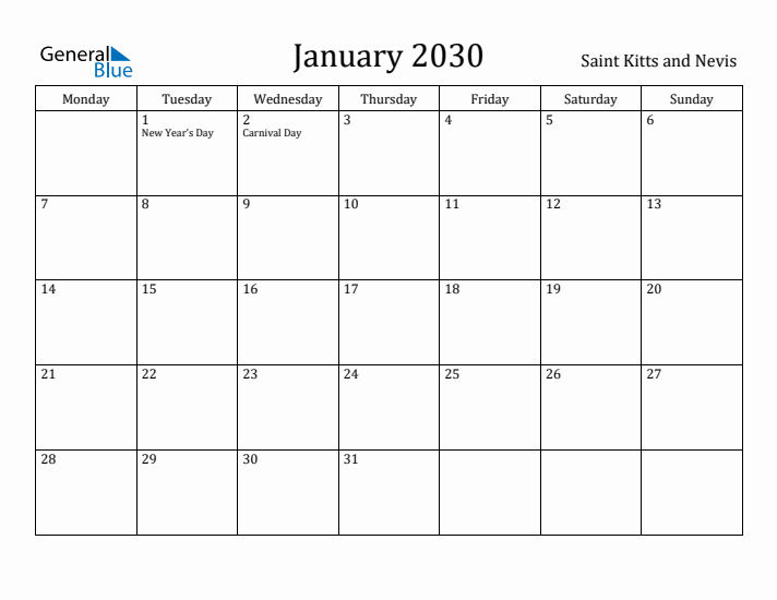 January 2030 Calendar Saint Kitts and Nevis