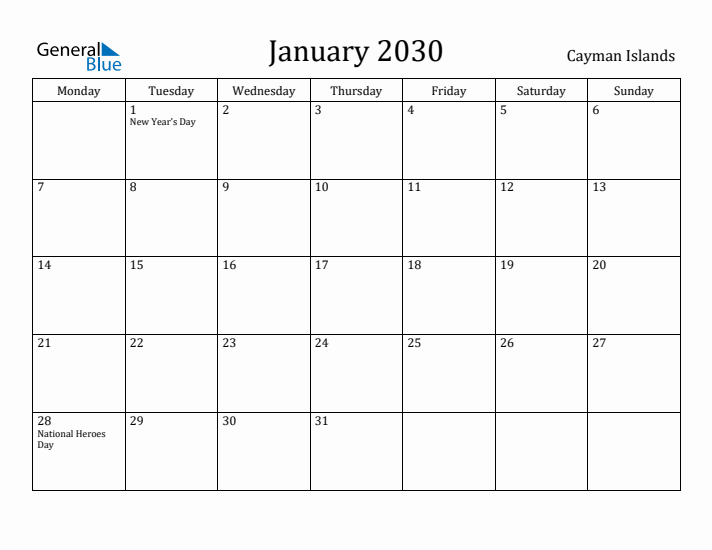 January 2030 Calendar Cayman Islands
