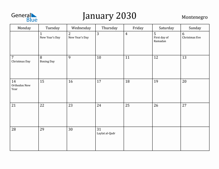 January 2030 Calendar Montenegro