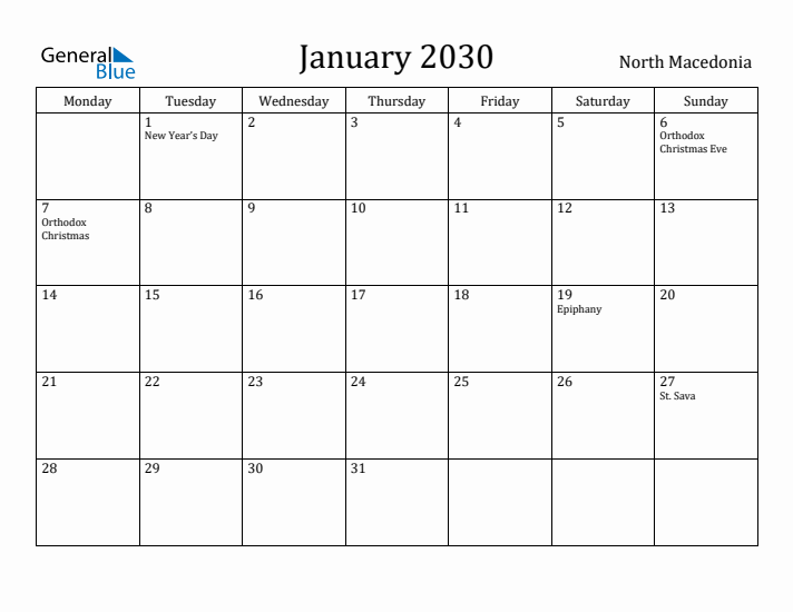 January 2030 Calendar North Macedonia